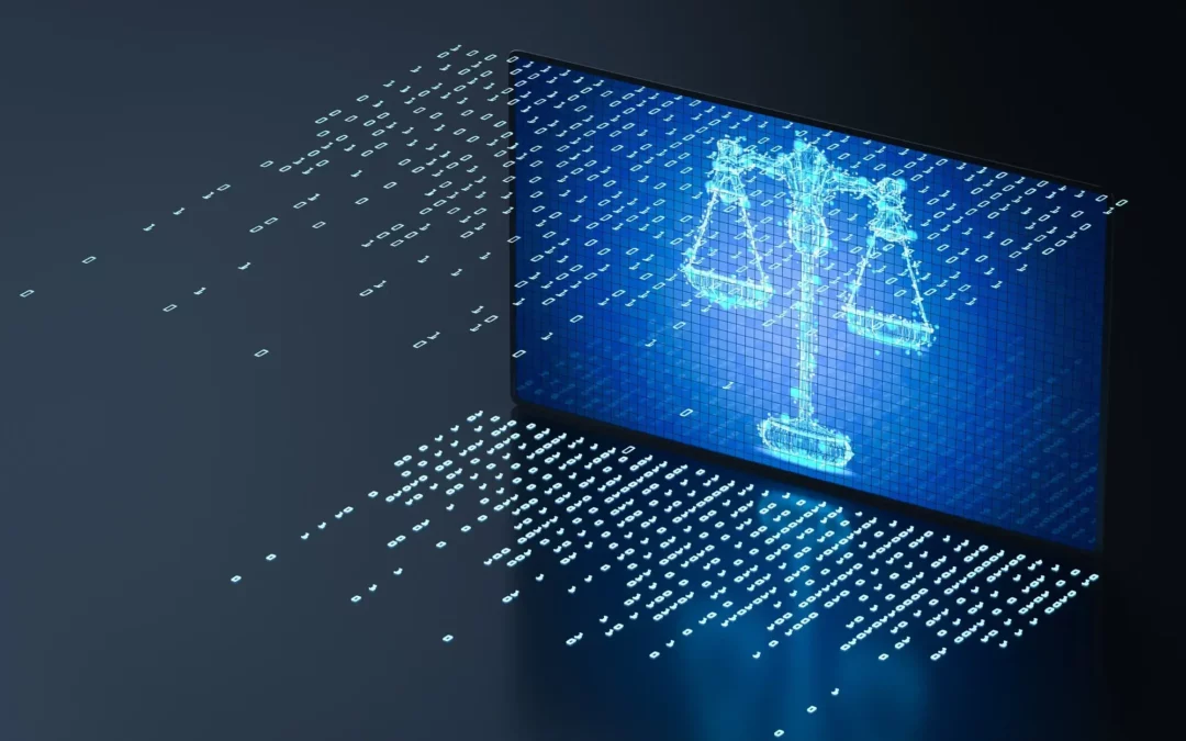 laptop with scale of justice and binary numbers coming out of screen.