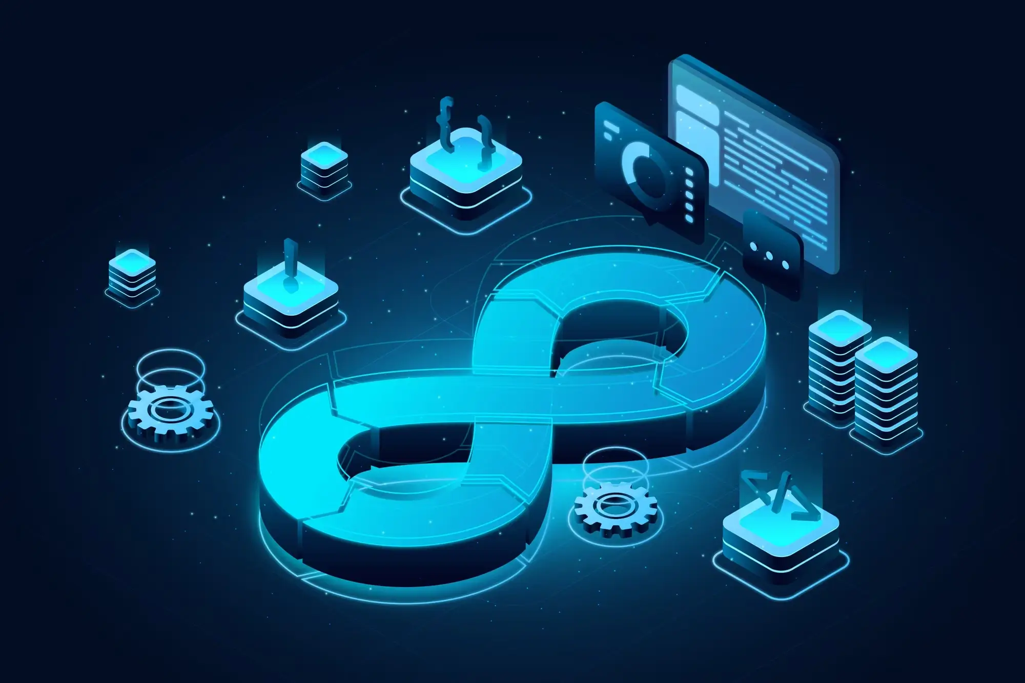 infinity symbol with code tag below it and a computer display above it.