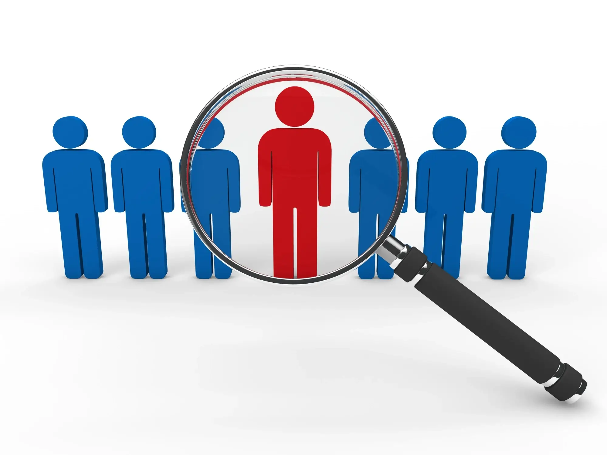 a magnifying glass on the only red avatar in the middle with six blue avatars surrounding it.