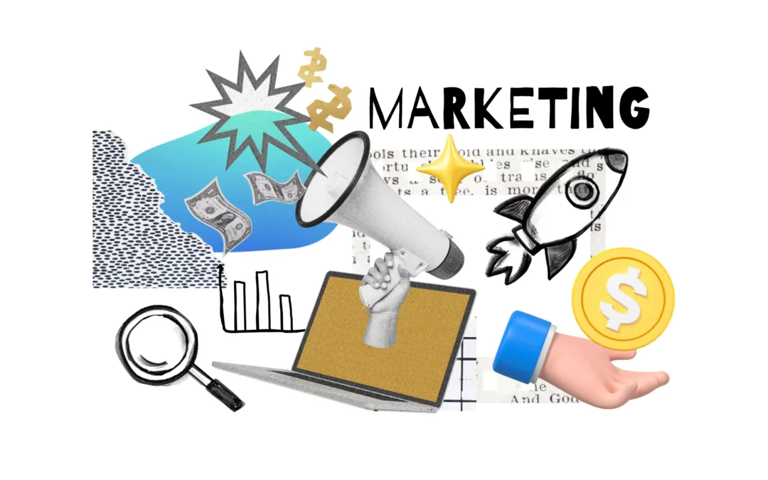a collage of marketing concepts for small businesses, such as search, analytics, social media, and revenue