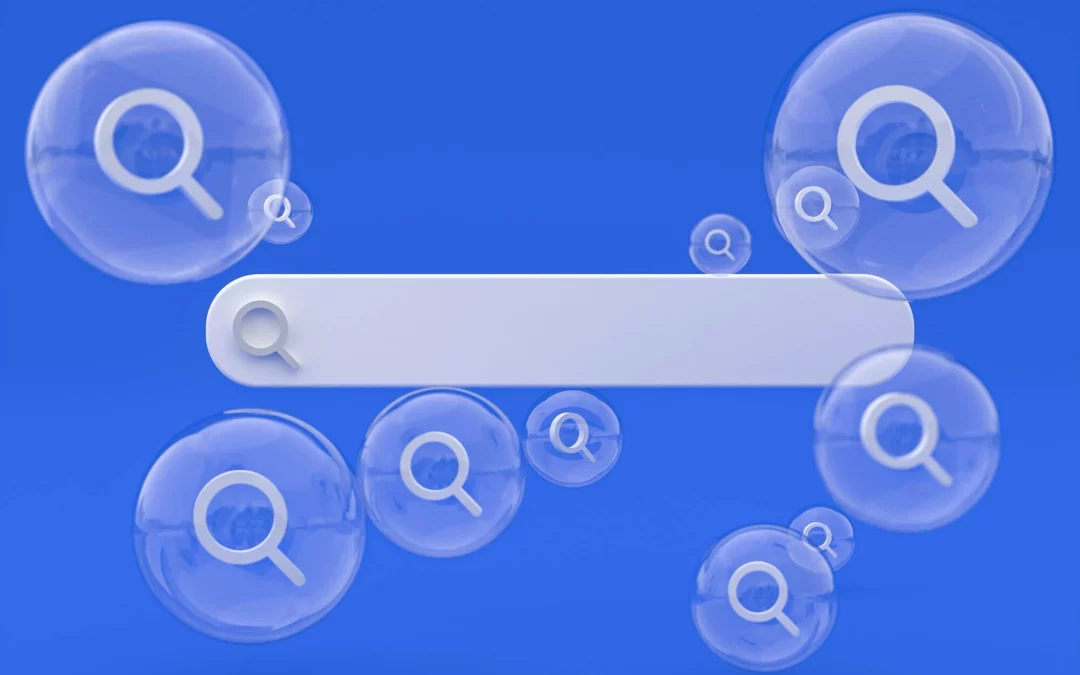 a search engine bar with search bubbles floating around it.