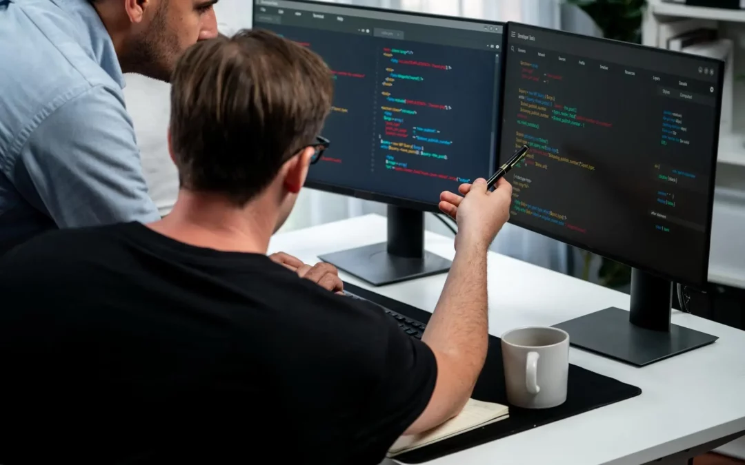 two people examining code on two separate screens at a computer desk.