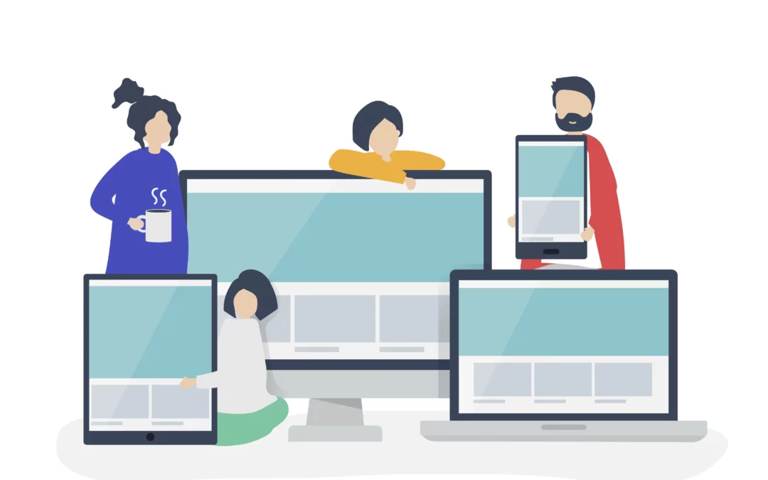 illustrations of people standing next to a mobile phone, tablet and desktop screen.