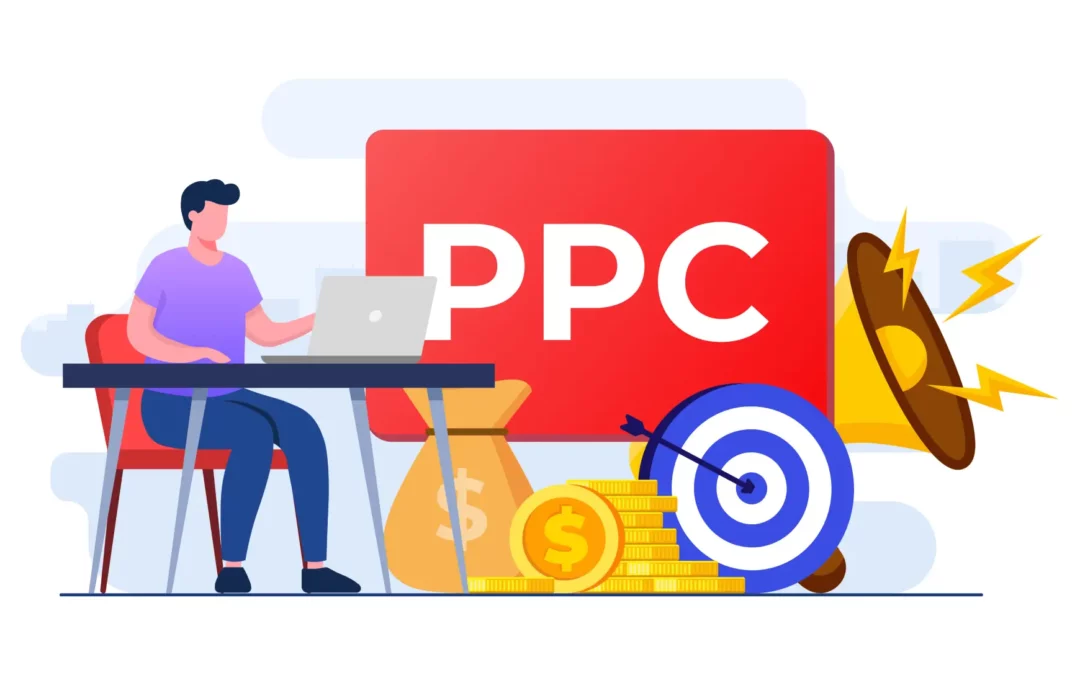 man sitting behind computer with caption stating PPC.