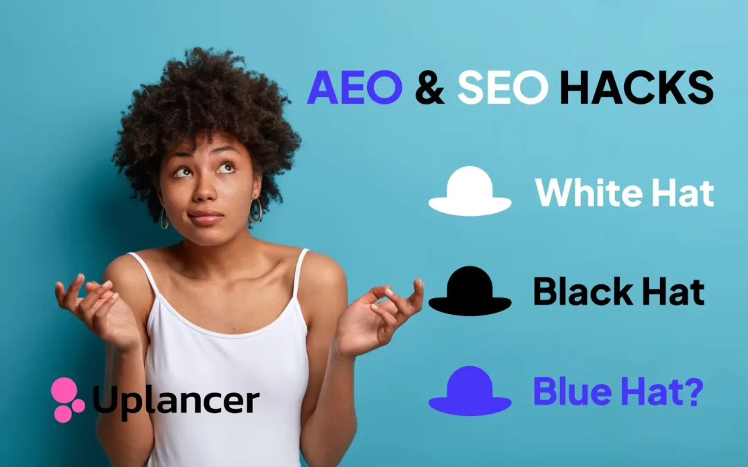 woman looking confused with black hat, white hat, and blue hat to her right