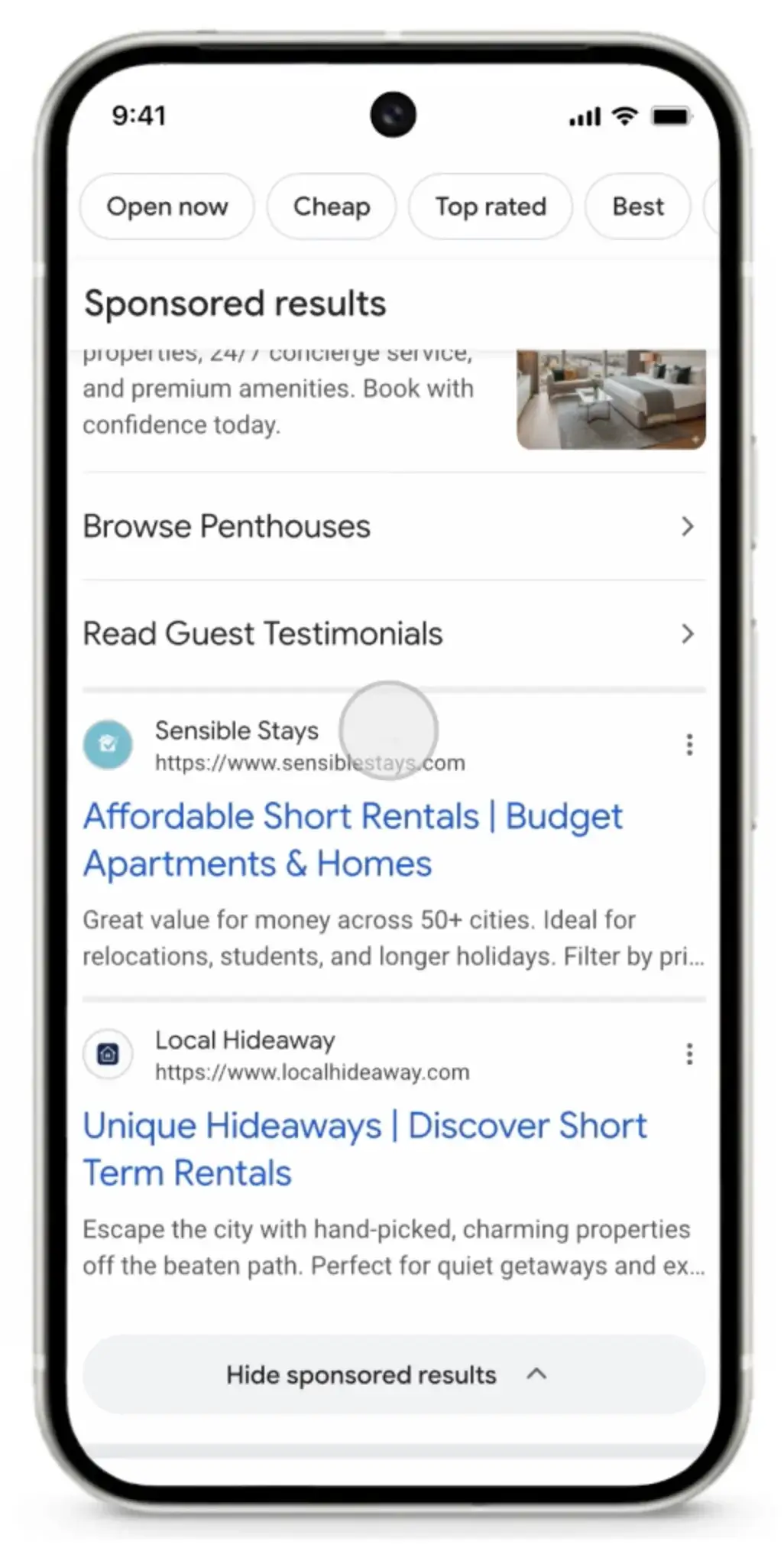 Google search sponsored section on mobile with collapsible button