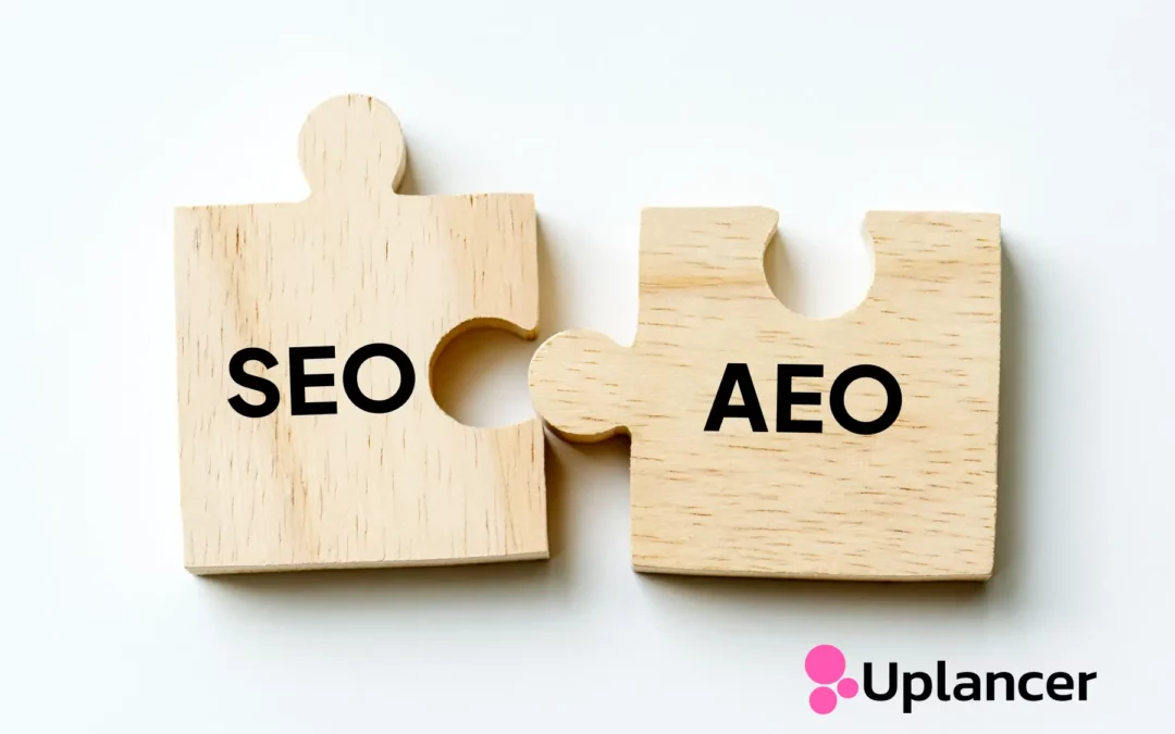 puzzle piece on the right with AEO written on in it fitting into a puzzle piece on the left with SEO written on it