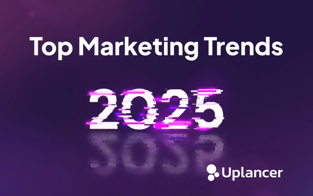 year 2025 written on top of purple background with text spelling out top marketing trends above it
