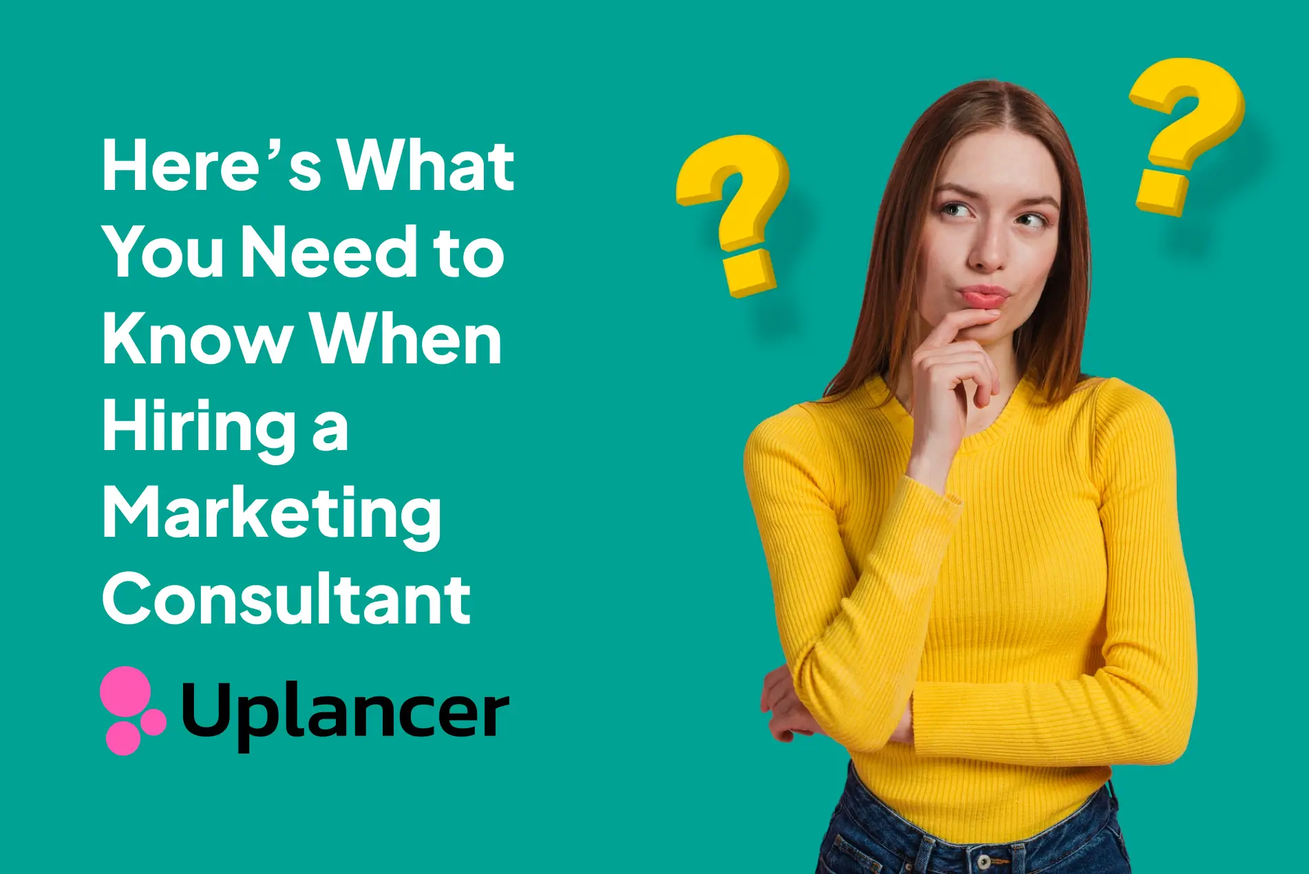 woman in yellow shirt with some question marks floating above her